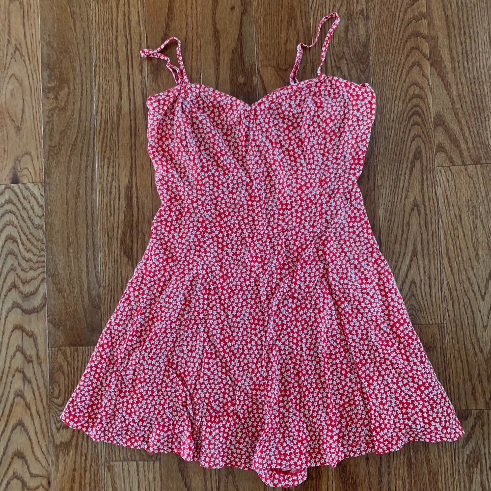 Red floral print romper